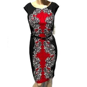 London Times Dress Women’s Size 10P Sheath Printed Red Black Belted NWT